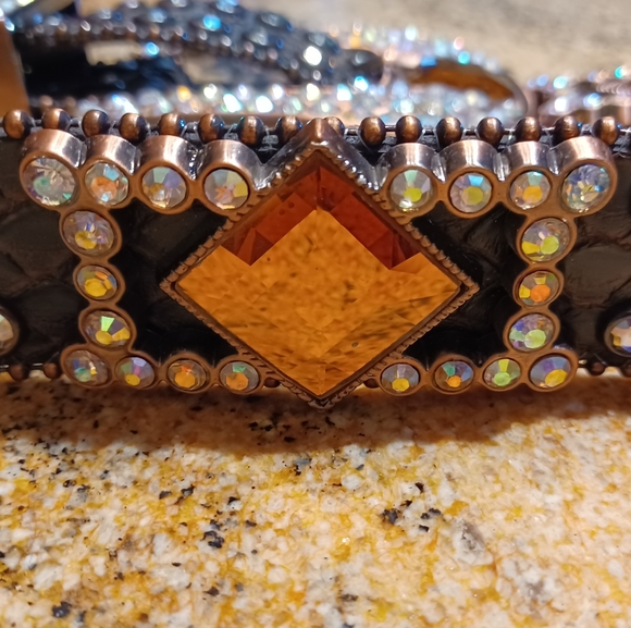 Buckle Bling Rhinestone Rose Gold Hardware Brown Snakeprint Leather Belt NEW - Picture 4 of 11